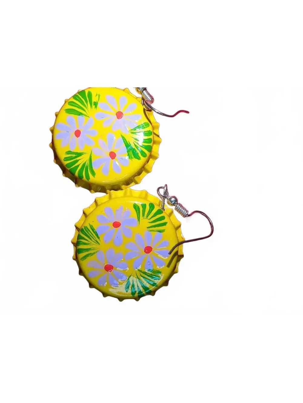 Hand-Painted Bottle Cap Earrings with Floral and Frida Portrait Design